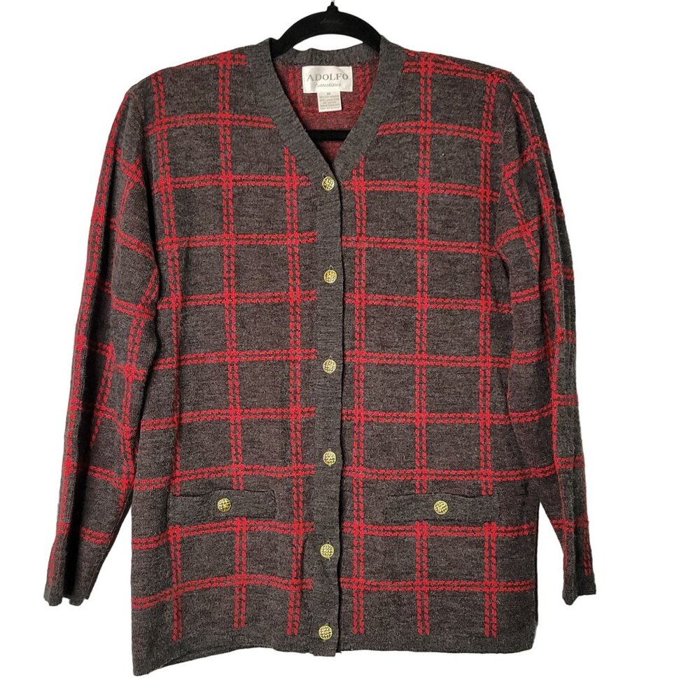 Vintage Women's M Lamb's Wool Window Pane Plaid Cardigan Sweater Old Money Prepp